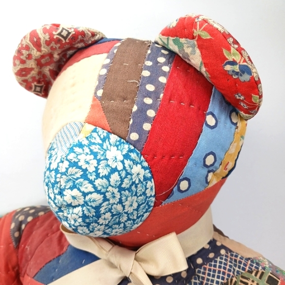 ANTIQUE HANDMADE Crazy Patchwork Fabric Stuffed Teddy Bear Freshly Dry Cleaned - Picture 9 of 11